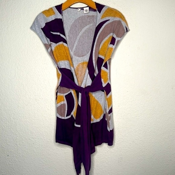 Anthro Moth Wrap Around Sleeveless Cardigan Sweater Lightweight Purple Yellow M - Picture 6 of 15